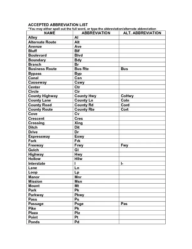 ACCEPTED ABBREVIATION LIST
