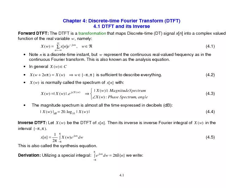 4.1 Chapter 4: Discretetime Fourier Transform (DTFT) 4.1 DTFT and its