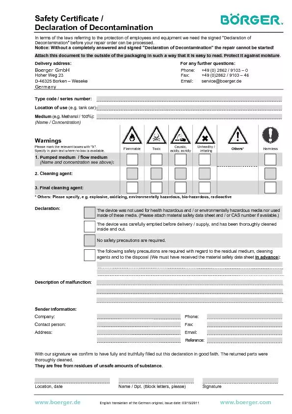 Safety Certificate / Declaration of Decontamination