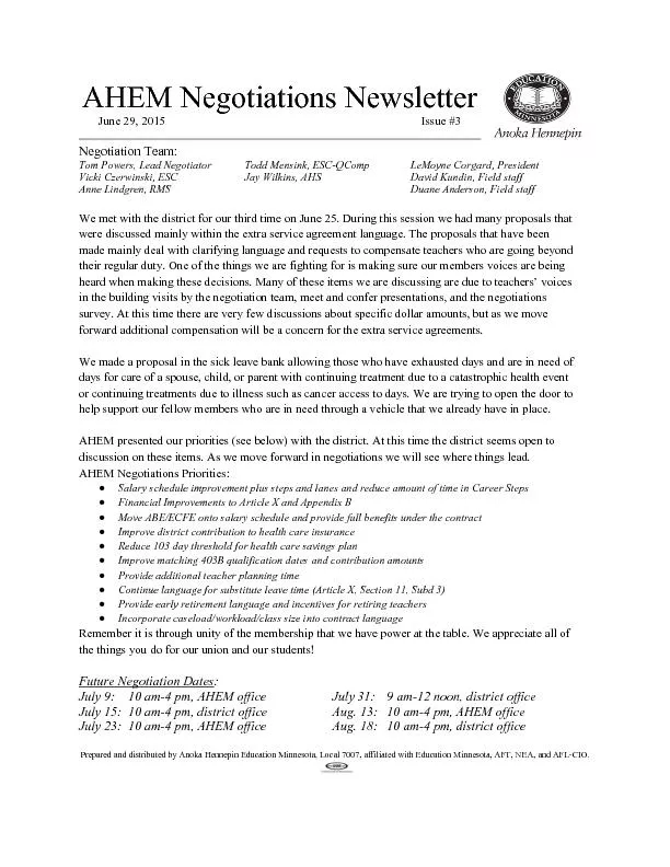 AHEM Negotiations Newsletter