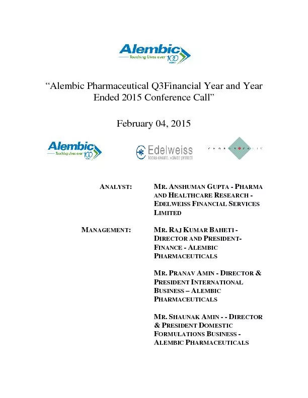 “Alembic Pharmaceutical Q3Financial Year and Year Ended 2015 Conf