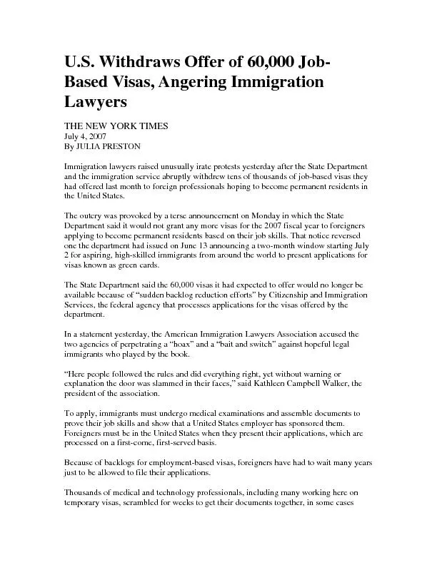 U.S. Withdraws Offer of 60,000 Job-Based Visas, Angering Immigration T