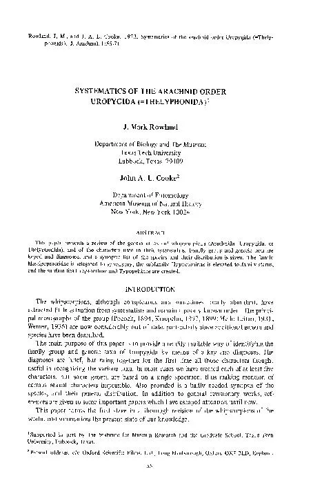 Rowland,JandJ. LCooke1973Systematics of the arachnid order Uropygida (