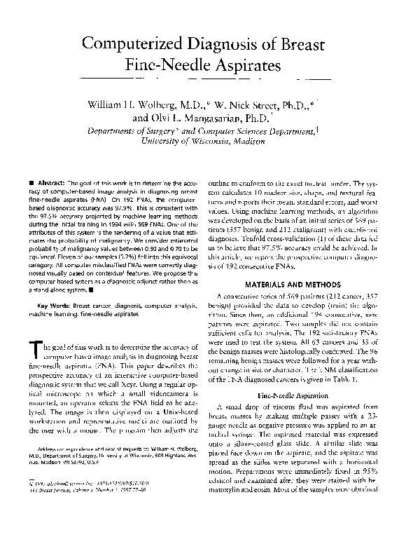 Computerized Diagnosis of Breast Fine-Needle Aspirates William H. Wolb