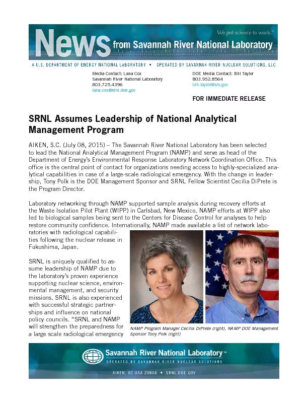 SRNL Assumes Leadership of National Analytical Management ProgramDepar