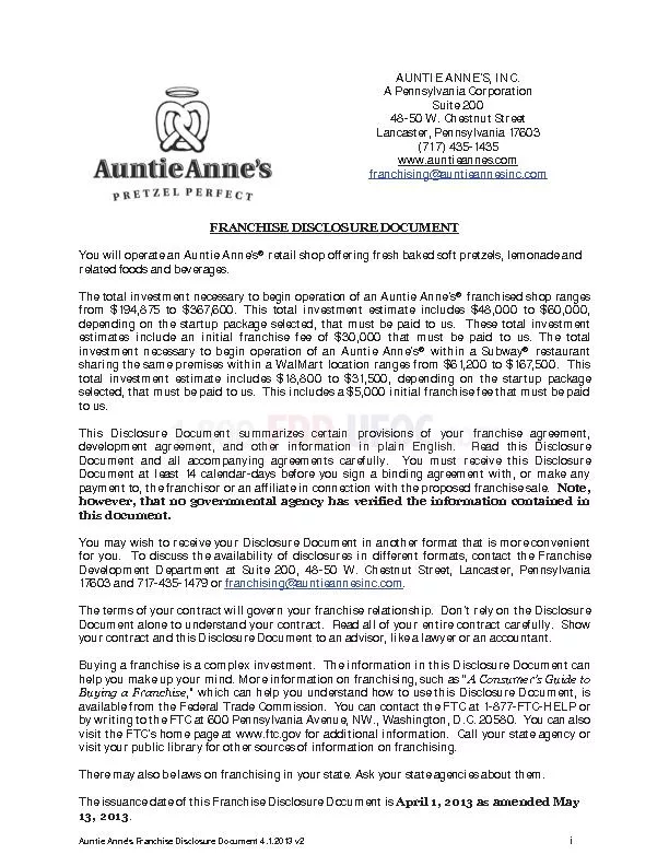 Auntie Anne’s Franchise Disclosure Document 4.1.2013 v2Table 9 AL
