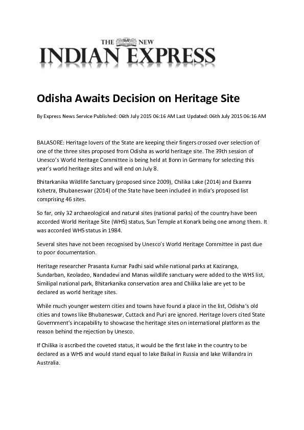 Odisha Awaits Decision on Heritage Site