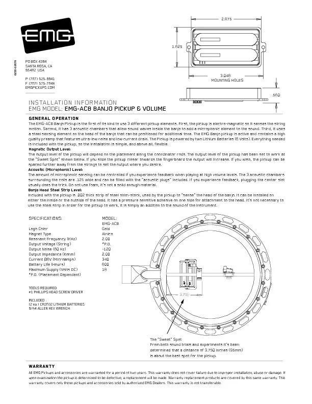 BANJO PICKUP / V Page 4Installation Instructions: EMG Model: BANJO PIC