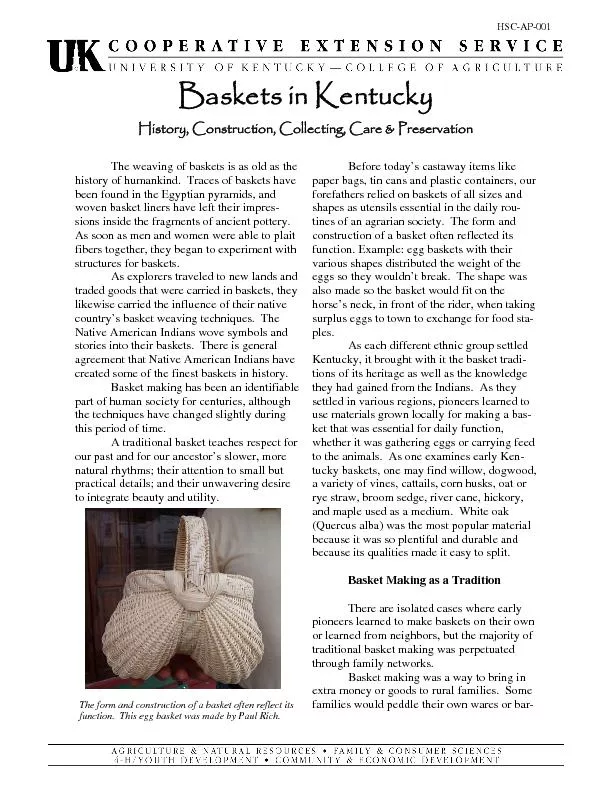 Baskets in Kentucky  History, Construction, Collecting, Care & Preserv