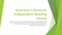 American Literature Independent Reading Novels