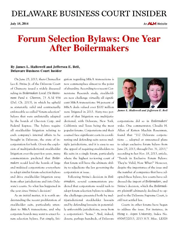 DELAWARE BUSINESS COURT Forum Selection Bylaws: One YearAfter Boilerma