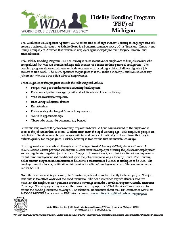 Fidelity Bonding Program(FBP)MichiganThe Workforce Development Agency(