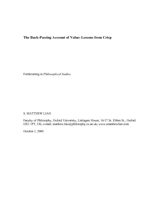 The Buck-Passing Account of Forthcoming in S. MATTHEW LIAO Faculty of