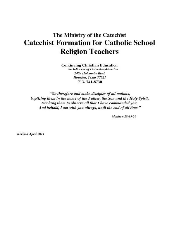 The Ministry of the CatechistCatechist Formation for Catholic SchoolRe