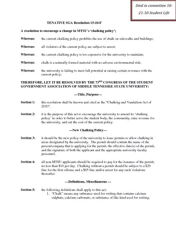 Died in committee 10-21-10 Student Life TENATIVE SGA Resolution 15-10-