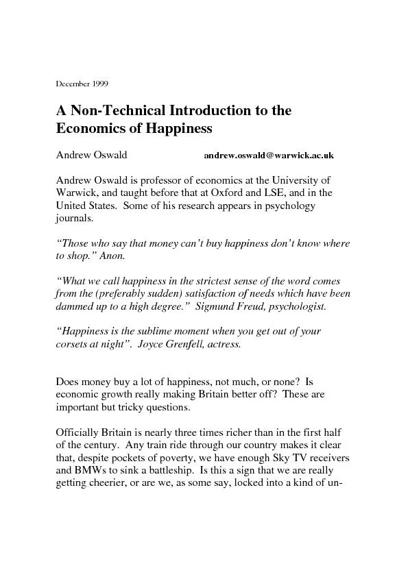 December 1999A Non-Technical Introduction to theEconomics of Happiness