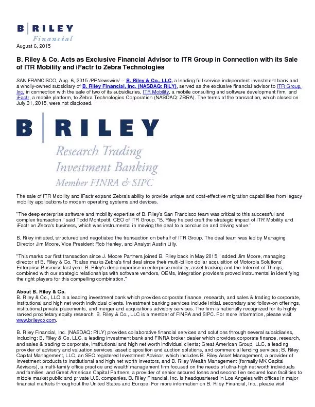 B. Riley & Co. Acts as Exclusive Financial Advisor to ITR Group in Con