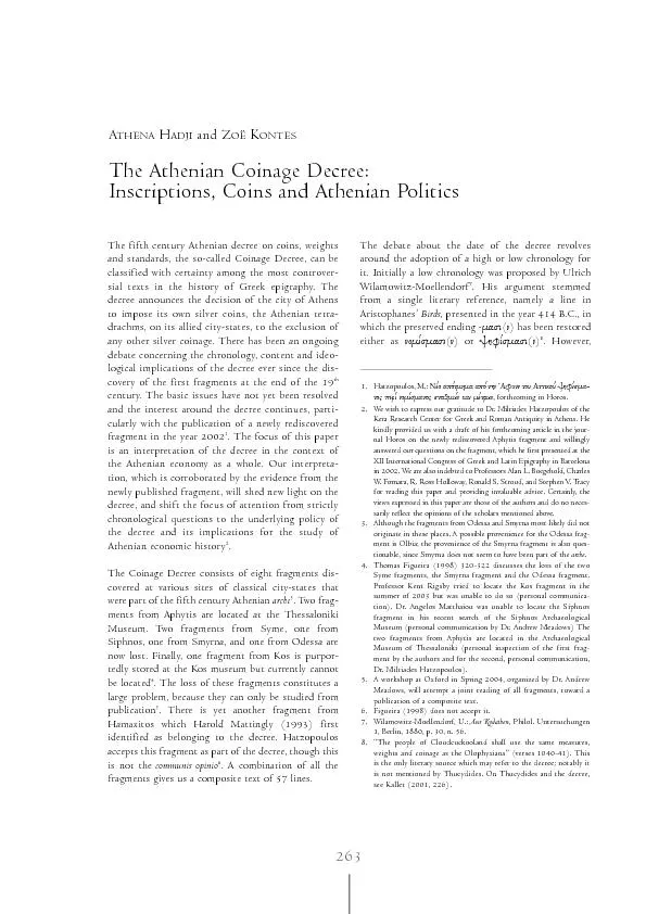 The fifth century Athenian decree on coins, weightscalled Coinage Decr