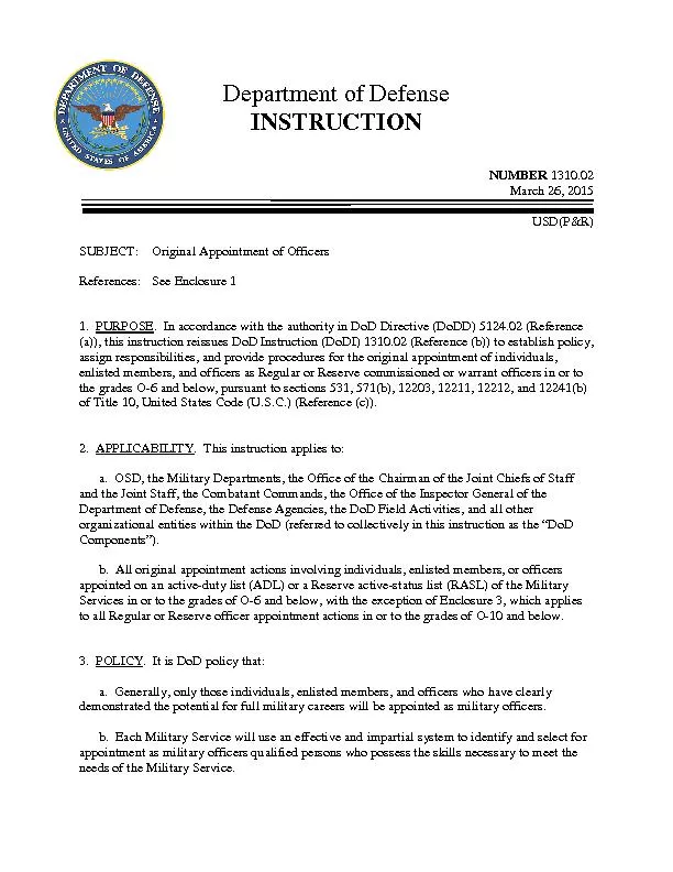 Department of DefenseINSTRUCTIONNUMBERMarch 26, 2015USD(P&R)SUBJECT:Or
