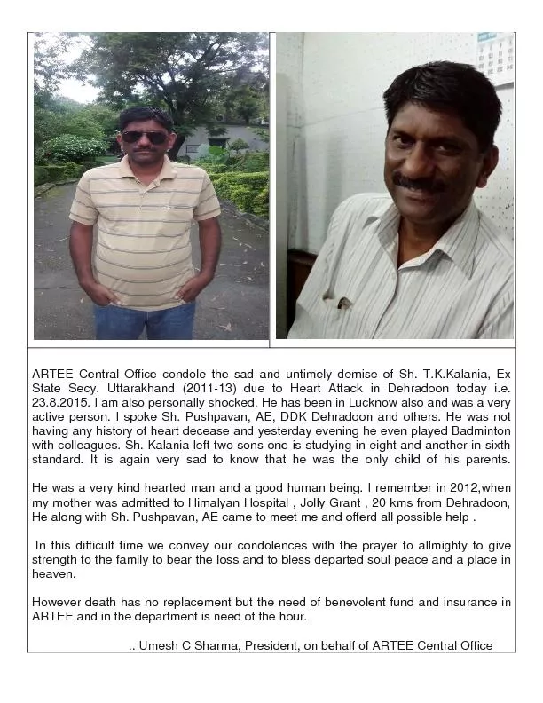 ARTEE Central Office condole the sad and untimely demise of Sh. T.K.Ka