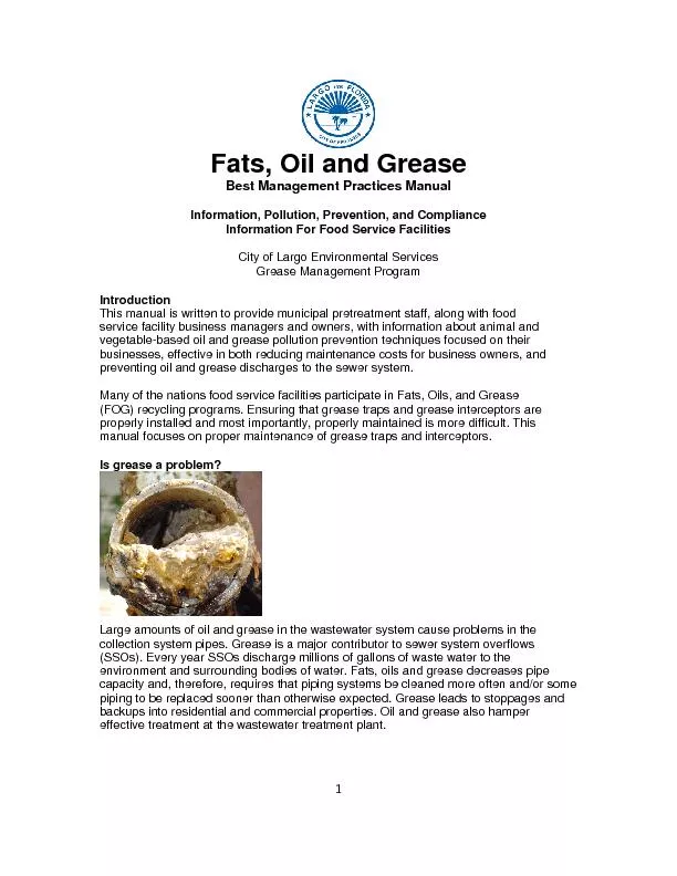 Fats, Oil and GreaseBest Management Practices ManualInformation, Pollu