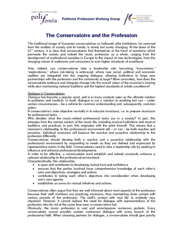 Polifonia Profession Working Group The Conservatoire and the Professio