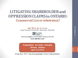 LITIGATING SHAREHOLDER and OPPRESSION CLAIMS in ONTARIO: