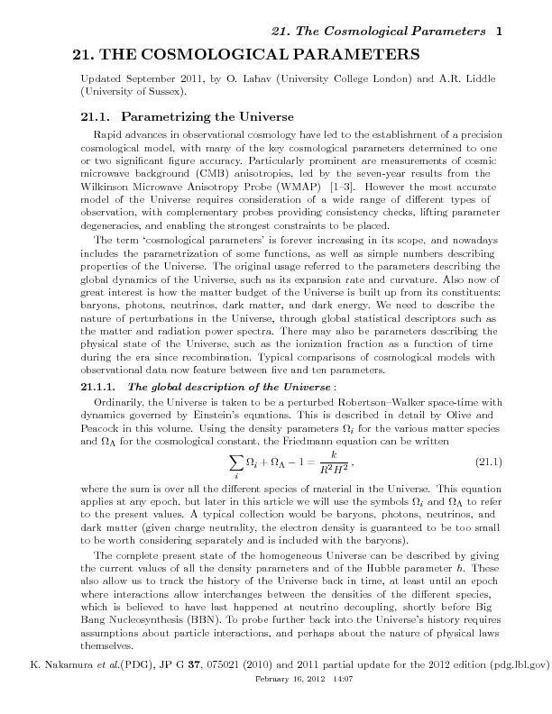 21.TheCosmologicalParameters21.THECOSMOLOGICALPARAMETERSUpdatedSeptemb