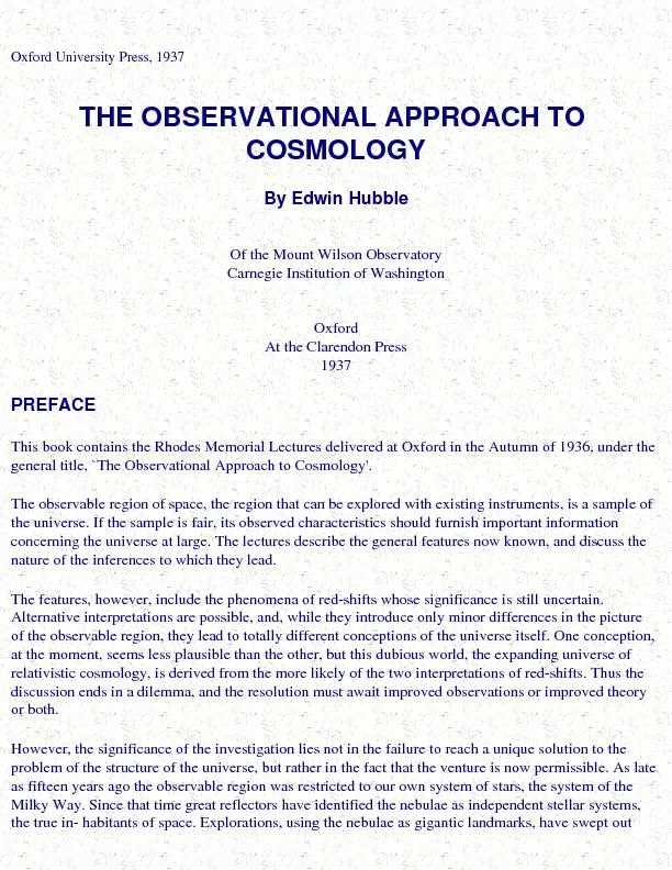 Oxford University Press, 1937 THE OBSERVATIONAL APPROACH TO COSMOLOGYB