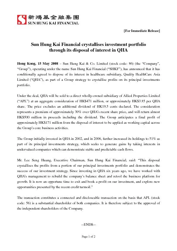 [For Immediate Release]es investment portfolio  through its disposal o