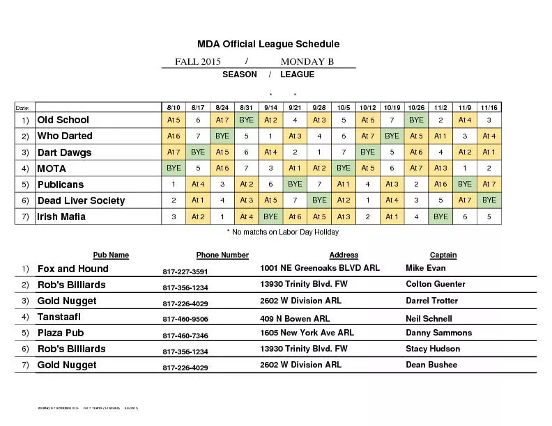 MDA Official League Schedule