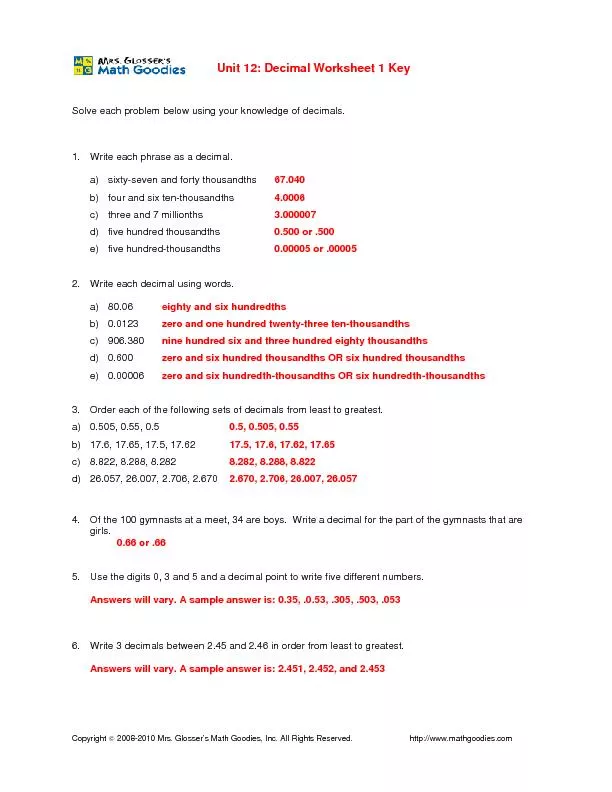 Unit 12: Decimal Worksheet 1 Key