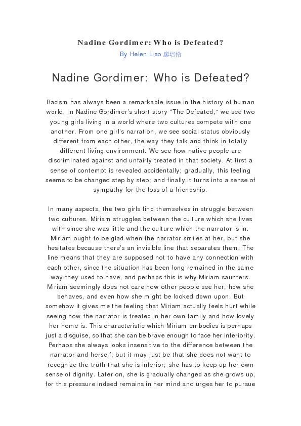 Nadine Gordimer: Who is Defeated?  world. In Nadine Gordimer