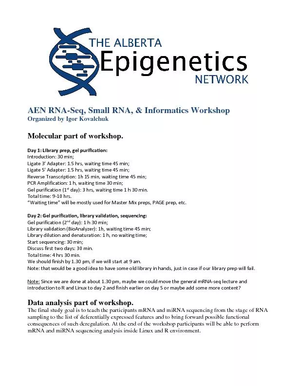 AEN RNASeq, Small RNA, & Informatics WorkshopOrganized by Igor Kovalch