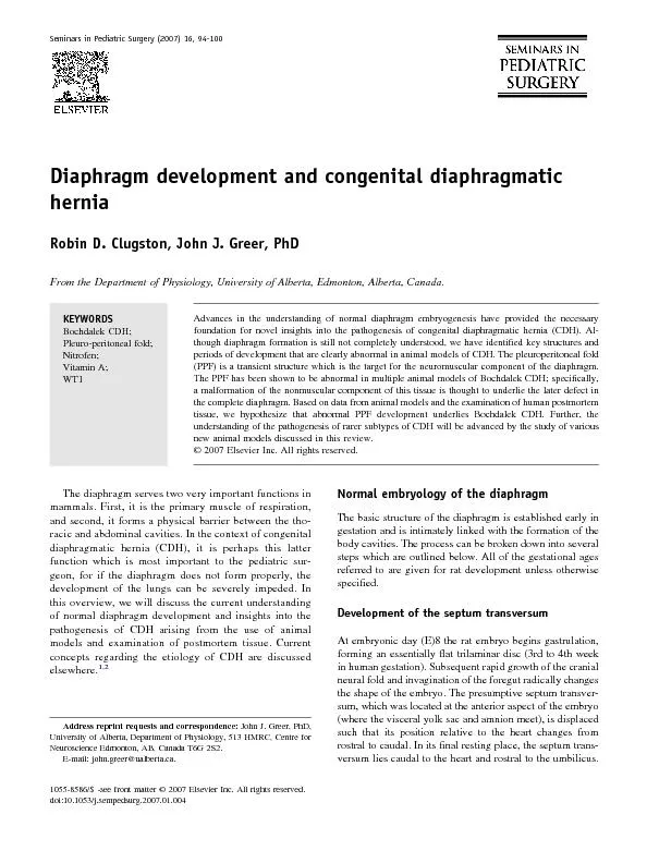 DiaphragmdevelopmentandcongenitaldiaphragmaticRobinD.Clugston,JohnJ.Gr
