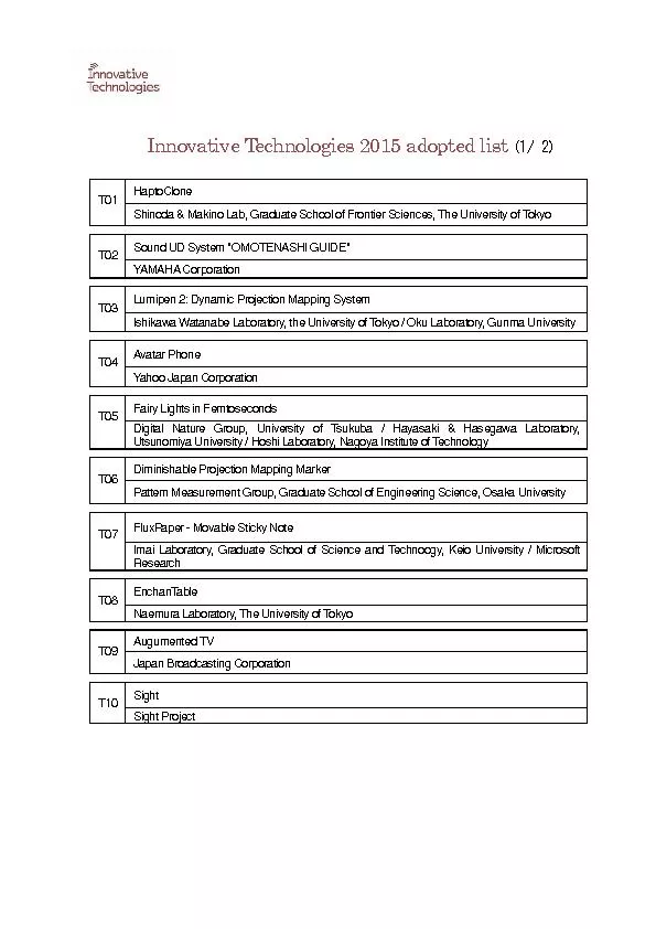 Innovative Technologies 201adopted list(1/ 2)