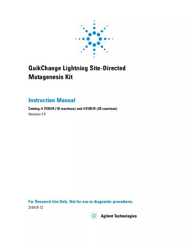 QuikChange Lightning SiteDirected MutagenesisKitInstruction ManualCata