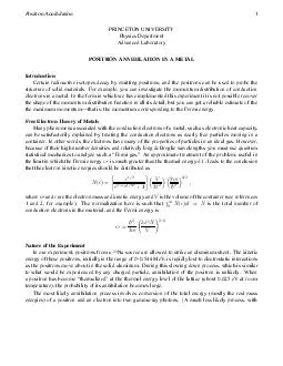 Positron Annihilation PRINCETON UNIVERSITY Physics Dep