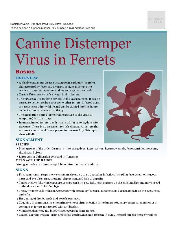 -mail address, web site  Canine Distemper Virus in Ferrets Basics OVER