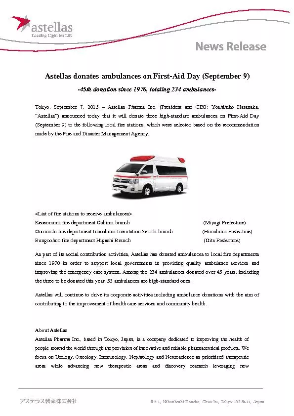Astellas donates ambulances on FirstAid Day (September 9)45th donation