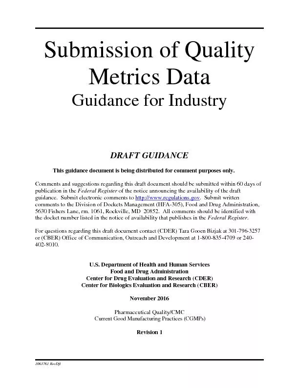 Submission ofQuality MetricsDataGuidance for IndustryDRAFT GUIDANCEThi