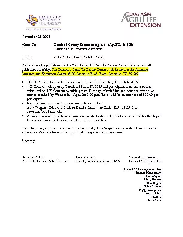 November 25, 2014Memo To: District 1 County Extension Agents (Ag, FCS