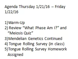 Agenda Thursday 1/21/16 – Friday 1/22/16