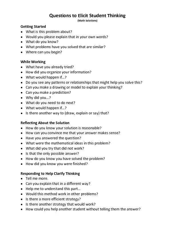 Questions to Elicit Student Thinking