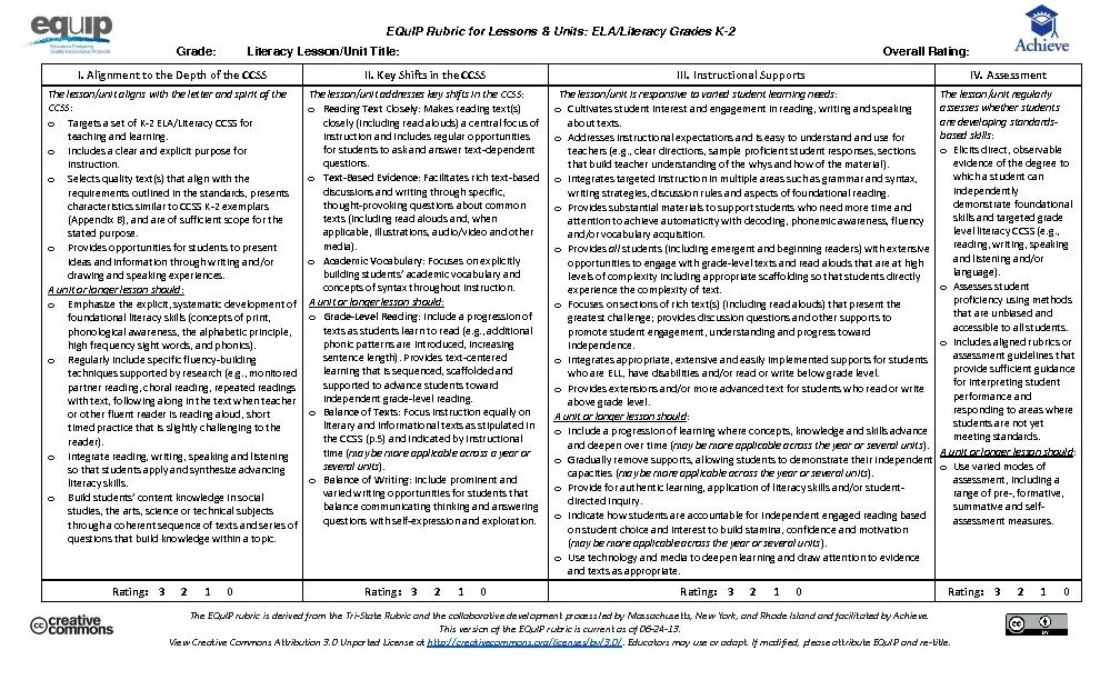 EQuIP Rubric for Lessons & Units: