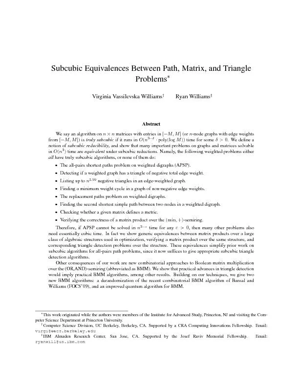 SubcubicEquivalencesBetweenPath,Matrix,andTriangleProblemsVirginiaVas