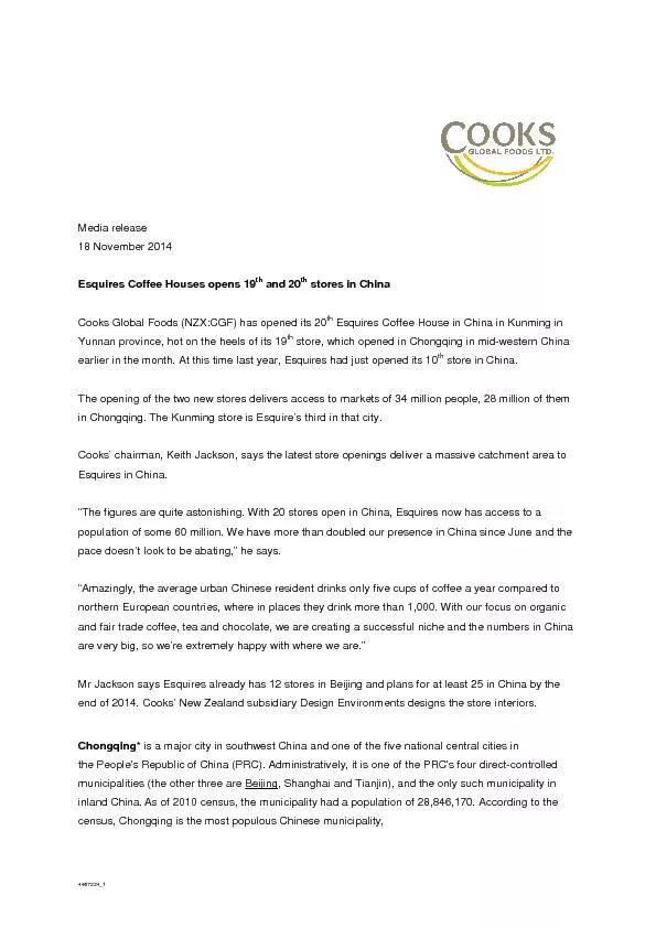 Media release 18 November 2014 Esquires Coffee Houses opens 19th and 2