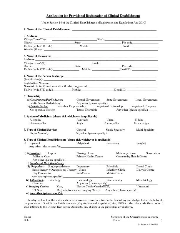 V.3 Revised on 07-Aug-2012 Application for Provisional Registration of