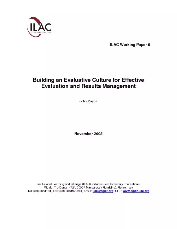 ILAC Working Paper 8 Building an Evaluative Culture for Effective Eval