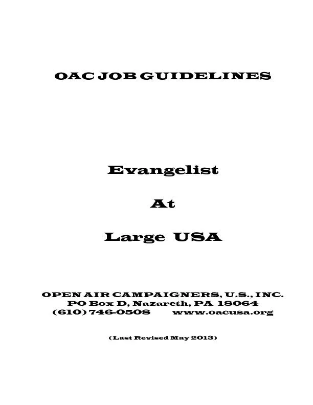 OAC JOB GUIDELINES   Evangelist At Large  USA  OPEN AIR CAMPAIGNERS, U